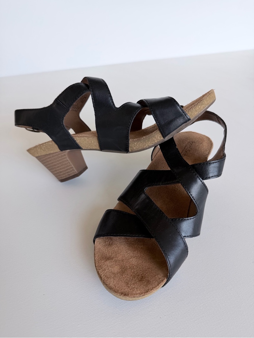 Josef Seibel Black Leather Strappy Comfort Sandals Block Heel EU 39